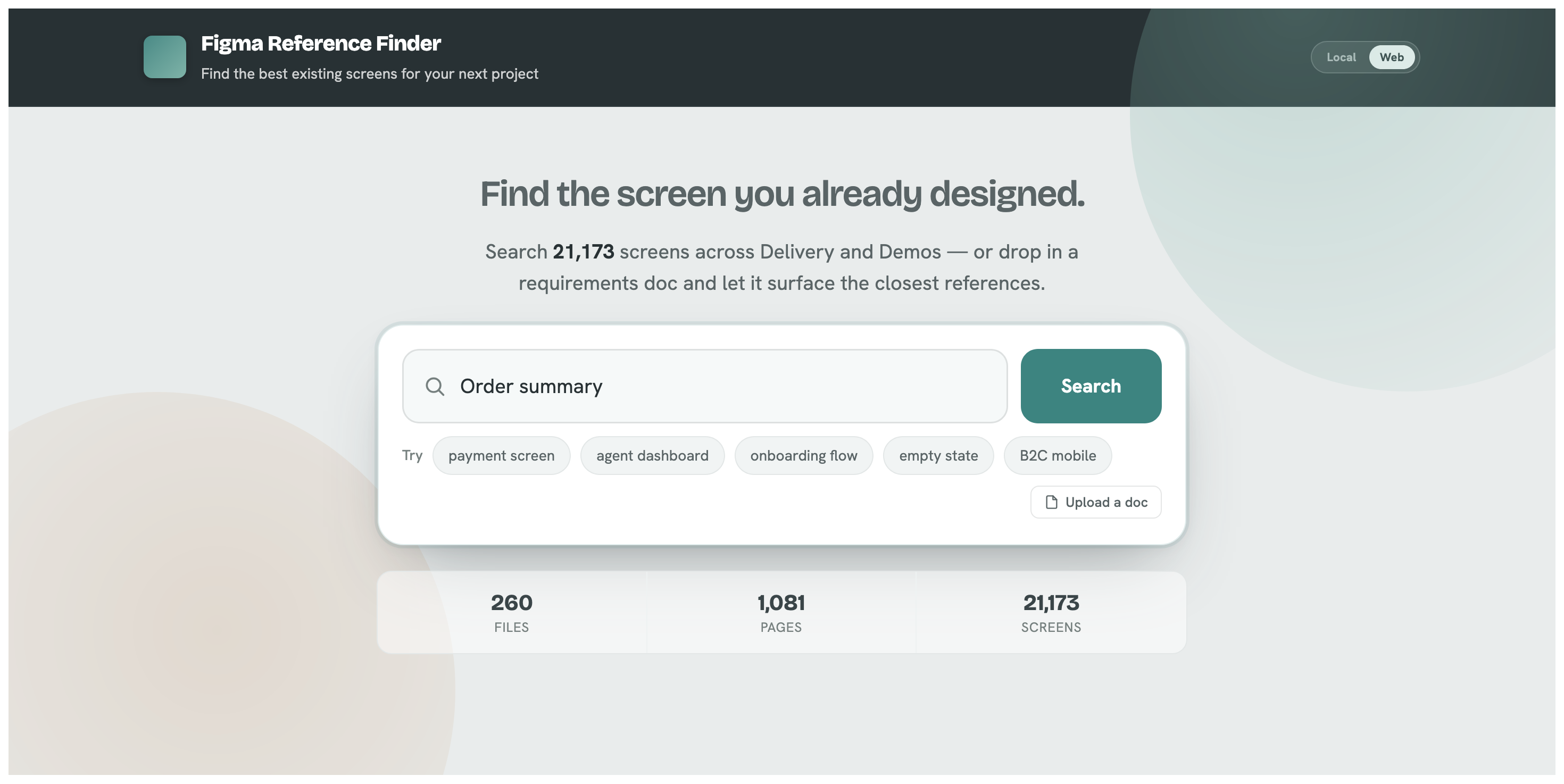 Figma Reference Finder, empty search state with a plain-language search box.