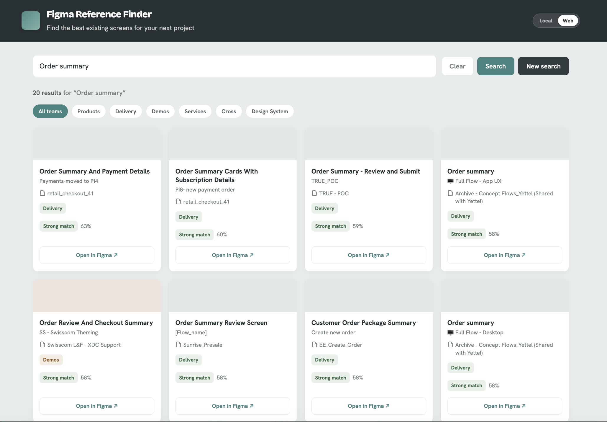 Figma Reference Finder, ranked results view showing matching design screens.