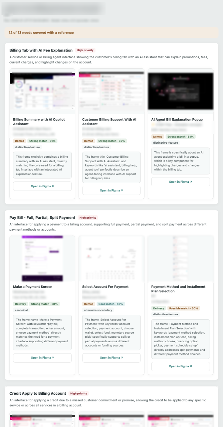 A compiled reference brief, showing one need with three ranked references, match percentages, and written reasons.